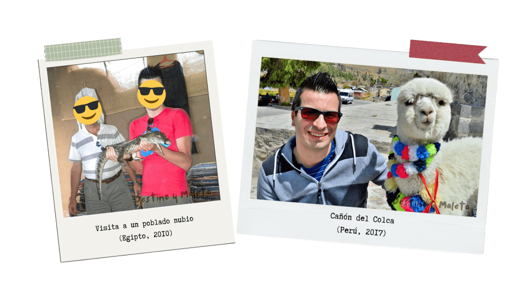 10 principios de viaje: 2 fotos de Domi en Egipto y Perú haciendo turismo irresponsable con los animales