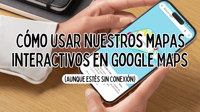 Manos sosteniendo un dispositivo con un mapa interactivo de Rapa Nui (Isla de Pascua) en Google My Maps, ilustrando cómo usar nuestros mapas paso a paso.
