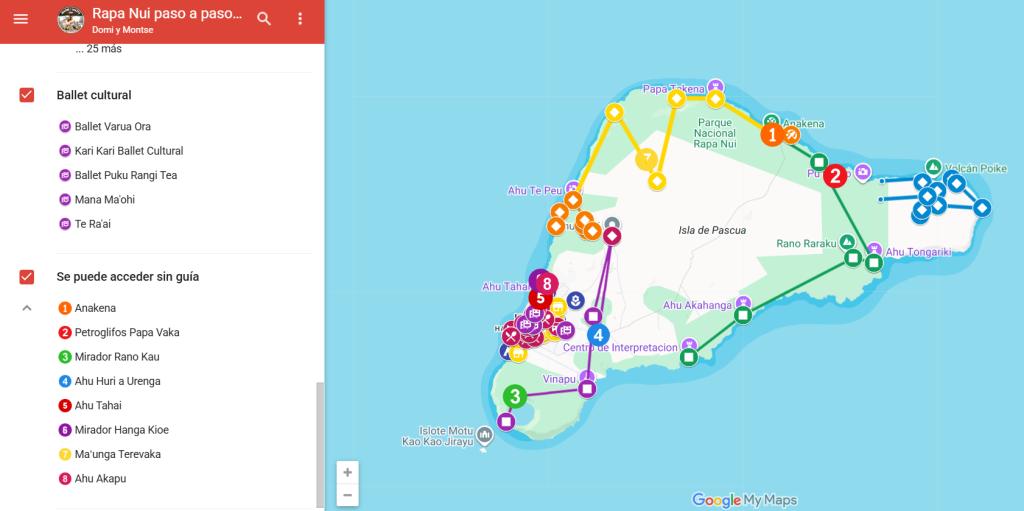 Mapa interactivo en Google Maps: captura de pantalla de un mapa interactivo de Rapa Nui creado en Google My Maps, con marcadores para planificar la visita a la isla.