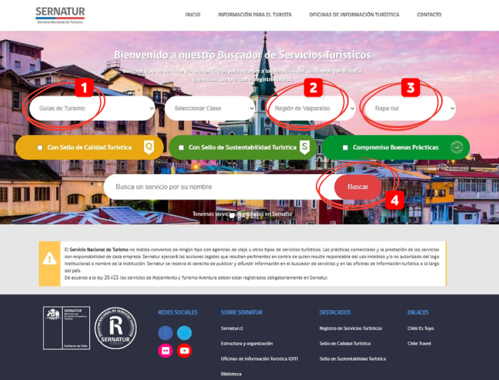 Captura de pantalla del formulario de búsqueda en el Registro Nacional de Prestadores Turísticos – SERNATUR, con los desplegables seleccionados para encontrar guías en Rapa Nui.