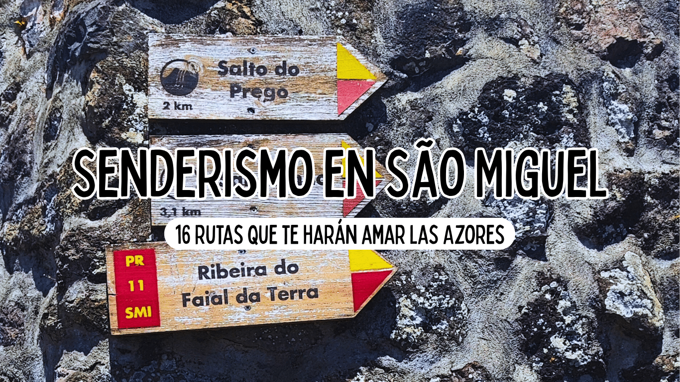 caja de texto de senderismo en sao miguel. se ven de fondo 3 flechas de trails de la isla y delante el nombre del artículo