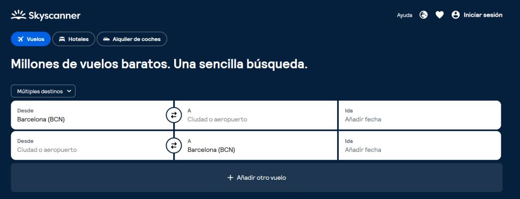 captura de la web skyscanner donde se ve la opción de poner todos los vuelos para multidestino