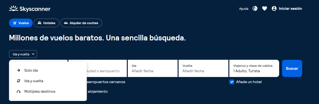 captura de la web skyscanner donde se ve la opción de multidestino
