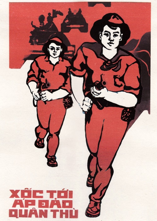 Cartel de propaganda vietnamita en época de guerra: "Asaltar y atacar a los enemigos"