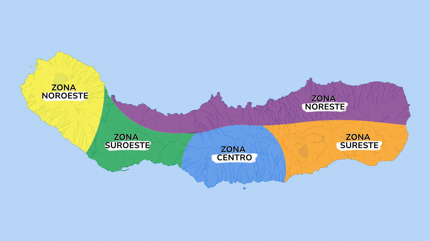 Mapa ilustrado de la isla de São Miguel dividido en cinco zonas con cinco colores distintos, creado para organizar el contenido del artículo