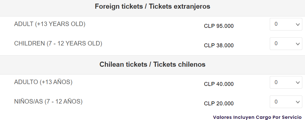 Pantallazo con los precios actualizados de entrada al Parque Nacional Rapa Nui a junio de 2026: 95 USD para adultos extranjeros y 38 USD para niños extranjeros