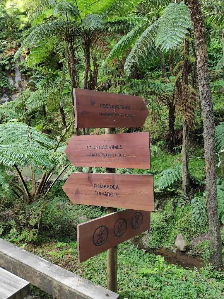 Señalización de Caldeira Velha con carteles que muestran las rutas y las pozas disponibles para los visitantes.