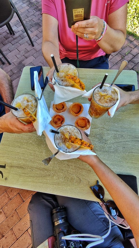 Nuestras manos sosteniendo mojitos entre los invernaderos de ananás de una plantación en São Miguel