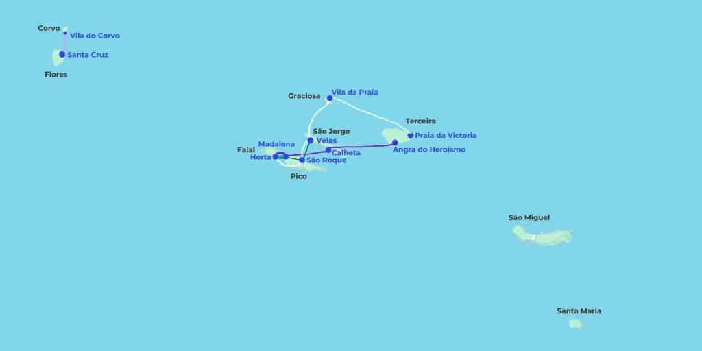 Esquema que muestra las rutas actuales de ferry en las Azores, destacando las conexiones activas todo el año entre Faial y Pico y entre Flores y Corvo, y las rutas estacionales del grupo central