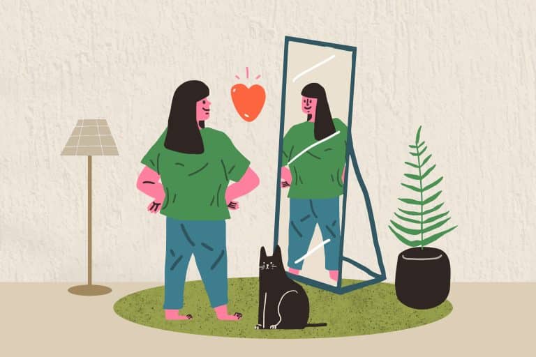 Ilustración de una chica de pie sonriendo frente a un espejo con un corazón en el centro y un gato negro sentado a sus pies
