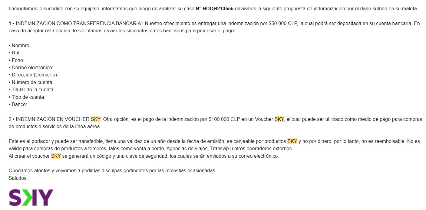 email de indemnización por maleta rota de la compañía sky airline