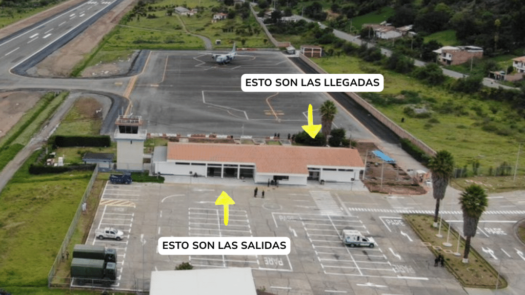 vista aérea del aeropuerto de anta huaraz, donde se observan las puertas de salidas y llegadas