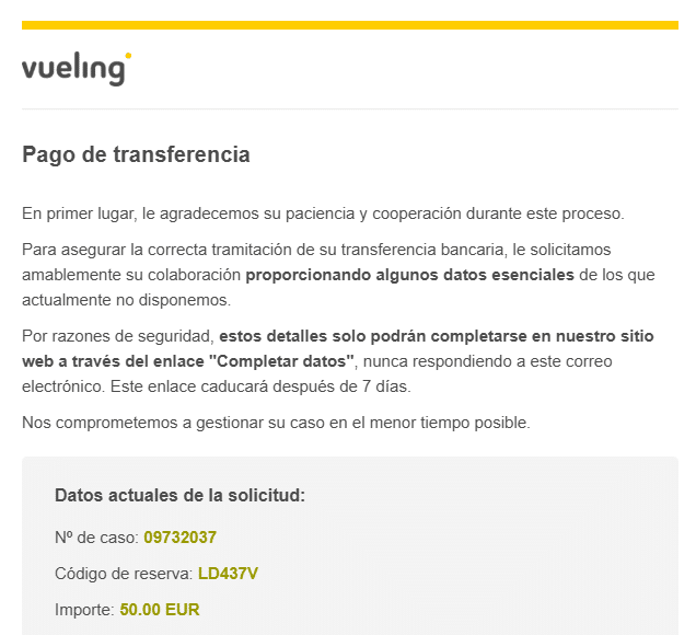 transferencia vueling 50 euros