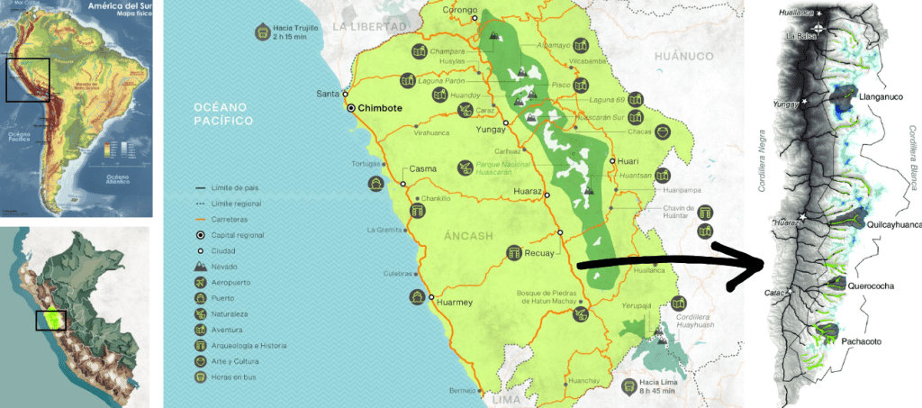 Secuencia de cuatro mapas que muestra la ubicación de Huaraz: Sudamérica, Perú, la región de Áncash y el Callejón de Huaylas, rodeado por la Cordillera Blanca y la Cordillera Negra.