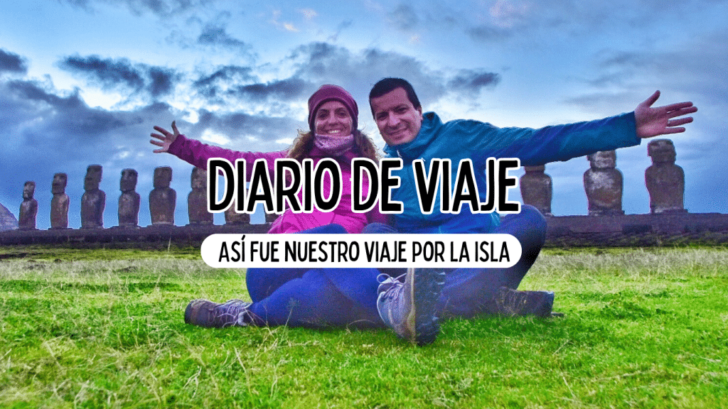 cabecera de diario de viaje. itinerario de 7 días en rapa nui. somos montse y domingo sentados en el suelo, en el amanecer en ahu tongariki.