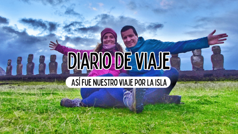 cabecera de diario de viaje. itinerario de 7 días en rapa nui. somos montse y domingo sentados en el suelo, en el amanecer en ahu tongariki.