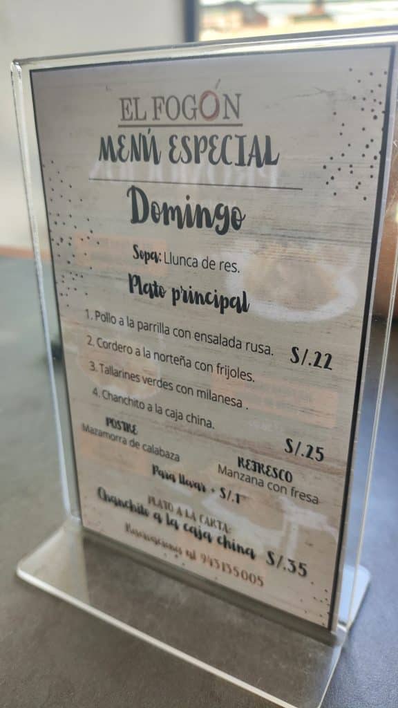 ejemplo de menú de mediodía en un restaurante de huaraz